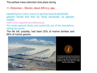 The earliest mass extinction took place during
•1. Ordovician – Silurian, about 439 m.y. ago,
caused by by a short, severe ice age that lowered sea-levels,
glaciers forced and then by rising sea-levels, as glaciers
melted.
Uplift of the Appalachians (Mountain).
The newly exposed silicate rock sucked CO2 out of the atmosphere,
chilling the planet.
The life toll, possibly, had been 25% of marine families and
60% of marine genera.
 