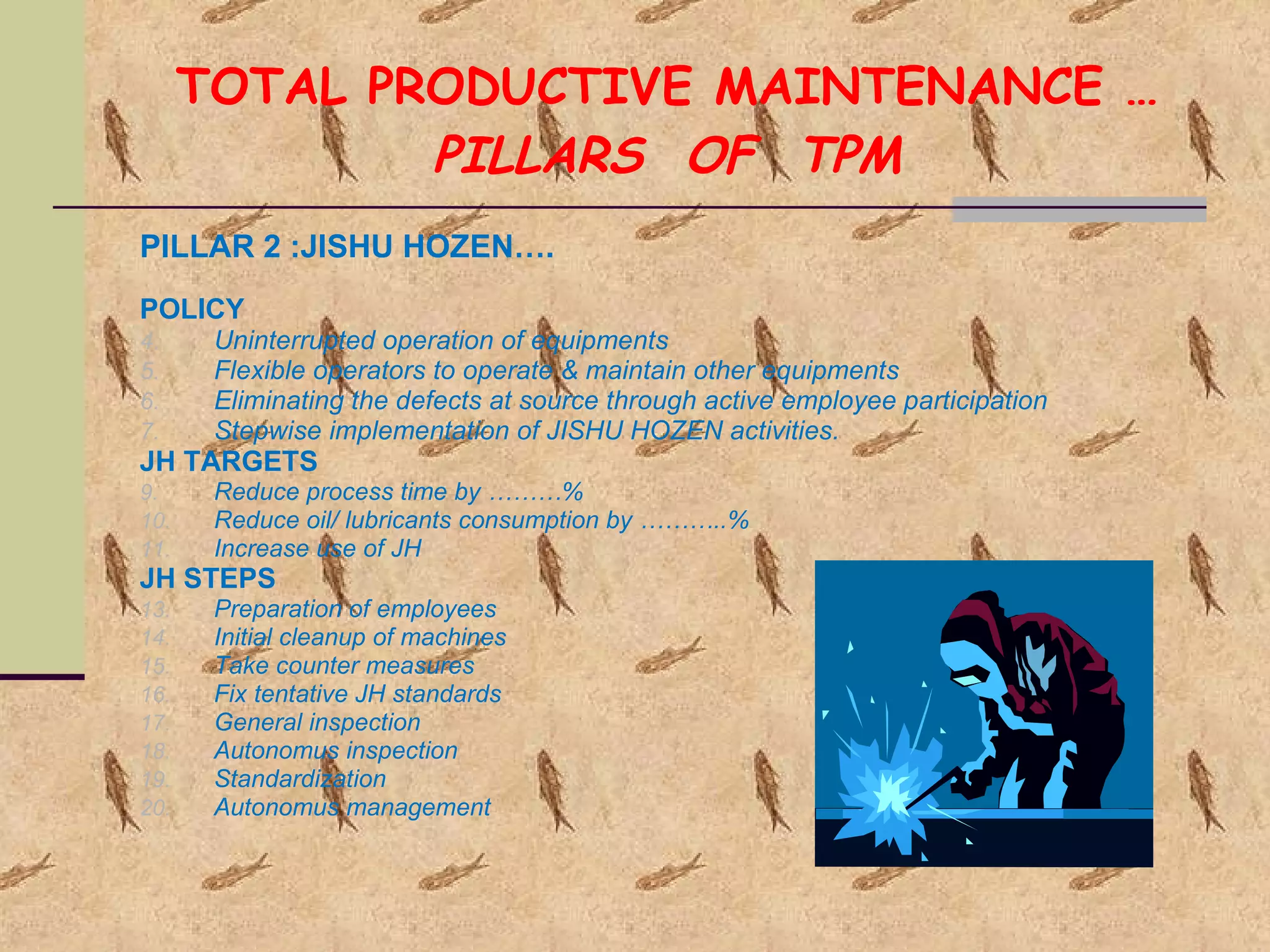 TOTAL PRODUCTIVE MAINTENANCE … PILLARS  OF  TPM PILLAR 2 :JISHU HOZEN…. POLICY Uninterrupted operation of equipments Flexible operators to operate & maintain other equipments Eliminating the defects at source through active employee participation Stepwise implementation of JISHU HOZEN activities. JH TARGETS Reduce process time by ………% Reduce oil/ lubricants consumption by ………..% Increase use of JH JH STEPS Preparation of employees Initial cleanup of machines Take counter measures Fix tentative JH standards General inspection Autonomus inspection Standardization Autonomus management 