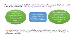 Matter: With a major change in the 7th ed., Matter is distinguished as Matter property [MP], Matter material
[MMt], Matter Method [MM]. Matter property almost replaced the FC Energy.
In MS Library sci.-
classification,
cataloguing and In MS
Education-thinking,
reasoning etc. are
treated as
manifestation of [MP]
In MS Technology,
Product, and in MS
Biology substance are
manifestation of [MMt]
In MS Fine arts, under
the class drawing, ink
drawing, cartoon
drawing are considered
as manifestation of
[MM]
Personality: Recognize Personality by the method of residue, i.e., when it can not be any other FC, it is
assigned to personality. Apart from this, its possible to identify a core concept in compound subject, such as-
‘Human Body’ in Medicine.
 