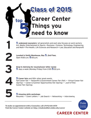 top
5
CAREER CENTER
Career Center
Things you 	
need to know
5 undergrad counselors--all generalists and each also focuses on work sectors:
Art, Media, Entertainment & Sports • Business • Science, Technology, Engineering
and Math • Pre-Health, Life Sciences and Research • Law, Education and Nonprofit
Class of 2015
To make an appointment with a Counselor, call: (919) 660.1050
Visit the Career Center website at: http://studentaffairs.duke.edu/career
Drop-in Advising for resume/cover letter review
5 days a week (Monday-Friday) from 2:00-5:00 p.m.
5 Career fairs and 100+ other great events
Fall Career Fair • Nonprofit & Government Career Fair (Fall) • Virtual Career Fair
(Spring) • Career & Summer Opportunities Fair (Spring) • Just-in-Time
Career Fair (Spring).
5 Amazing skills workshops
Resumes • Cover Letters • Job Search • Networking • Interviewing
Located in Smith Warehouse, Bay 5, 2nd Floor,
Open 9:00 a.m.-5:00 p.m.
1
2
3
4
5
 