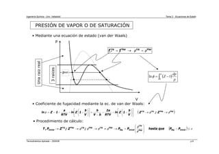 Ingeniería Química - Univ. Valladolid Tema 2 - Ecuaciones de Estado
Termodinámica Aplicada – 2005/06 p.8
PRESIÓN DE VAPOR O DE SATURACIÓN
• Mediante una ecuación de estado (van der Waals)
3
raices
Una
raiz
real
• Coeficiente de fugacidad mediante la ec. de van der Waals:
Vap
Liq
Vap
Liq
f
f φ
φ =
→
=
( )
p
dp
Z
p
∫ −
=
0
1
lnφ
( )
Vap
Vap
Liq
Liq
Z
;
Z
V
b
1
Z
ln
RTV
a
2
b
V
b
V
b
1
Z
ln
RTV
a
1
Z
ln φ
φ
φ →
→
⎥
⎦
⎤
⎢
⎣
⎡
⎟
⎠
⎞
⎜
⎝
⎛
−
−
−
−
=
⎥
⎦
⎤
⎢
⎣
⎡
⎟
⎠
⎞
⎜
⎝
⎛
−
−
−
−
=
• Procedimiento de cálculo:
( ) ε
φ
φ
φ
φ
φ
φ ≤
−
⎟
⎟
⎠
⎞
⎜
⎜
⎝
⎛
=
→
≠
→
→
→ Inicial
Sig
Vap
Liq
Inicial
Sig
Vap
Liq
Vap
Liq
Vap
Liq
Inicial P
P
que
hasta
P
P
;
Z
;
Z
P
,
T
P
V
Psat
 