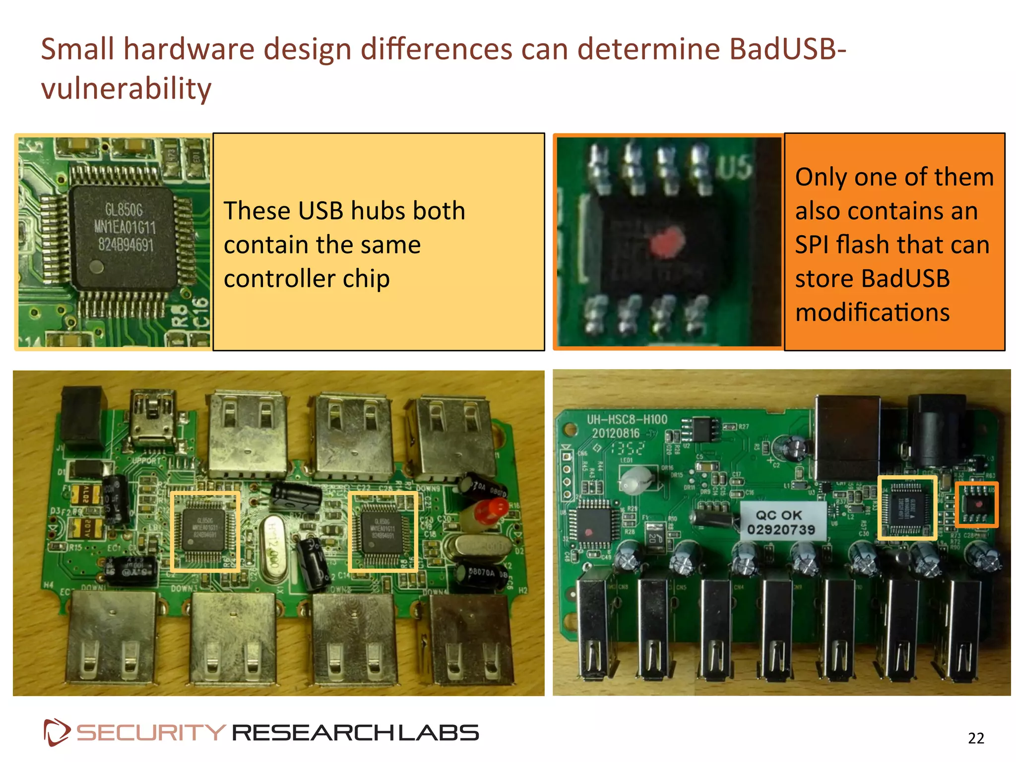 Small	
  hardware	
  design	
  diﬀerences	
  can	
  determine	
  BadUSB-­‐
vulnerability	
  
22	
  
These	
  USB	
  hubs	
  both	
  
contain	
  the	
  same	
  
controller	
  chip	
  
Only	
  one	
  of	
  them	
  
also	
  contains	
  an	
  
SPI	
  ﬂash	
  that	
  can	
  
store	
  BadUSB	
  
modiﬁcaPons	
  
 