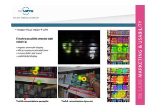 • Shopper Visual Impact DATI
È inoltre possibile ottenere dati
relativi a:
• impatto visivo del display
• efficacia comunicativadei tools
• riconoscibilità del brand
• usabilità del display
Tool di comunicazione percepito Tool di comunicazione ignorato
 