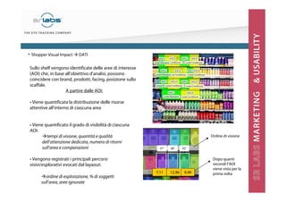 Sullo shelf vengono identificate delle aree di interesse
(AOI) che, in base all’obiettivo d’analisi, possono
coincidere con brand, prodotti, facing, posizione sullo
scaffale.
A partire dalle AOI:
• Viene quantificata la distribuzione delle risorse
attentive all’interno di ciascuna area
• Viene quantificato il grado di visibilità di ciascuna
AOI:
tempi di visione, quantità e qualità
dell’attenzione dedicata, numero di ritorni
sull’area e comparazioni
• Vengono registrati i principali percorsi
visivi/esplorativi evocati dal layaout:
• Shopper Visual Impact DATI
48°37°
7,11 12,96
45°
9,49
Ordine di visione
Dopo quanti
secondi l’AOI
viene vista per la
prima volta
ordine di esplorazione, % di soggetti
sull’area, aree ignorate
 