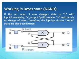 Working in Reset state (NAND):
If the set input, S now changes state to “1” with
input R remaining “1”, output Q still remains “0” and there is
no change of state. Therefore, the flip-flop circuits “Reset”
state has also been latched.
 