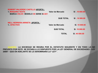 ROBERT VALVERDE CASTILLO APORTA :
1.-MAQUINA TEXTIL Valor de Mercado S/ . 10 000.00
MARCA VOLVO MODELO X6 SERIE S4-021
SUB TOTAL S/ . 10 000.00
NELL HERRERA ARRIETA APORTA :
1.- EFECTIVO Valor de Mercado S/. 10 000.00
SUB TOTAL S/. 10 000.00
TOTAL S/. 40 000.00
CUARTO.- LA SOCIEDAD SE REGIRA POR EL ESTATUTO SIGUIENTE Y EN TODO LO NO
PREVISTO POR ESTE, SE ESTARA A LO DISPUESTO POR LA LEY GENERAL DE SOCIEDADES - LEY
26887 - QUE EN ADELANTE SE LE DENOMINARA LA “LEY”.
 