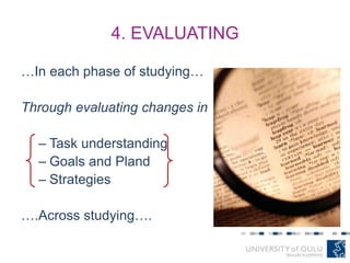 4. EVALUATING
…In each phase of studying…
Through evaluating changes in
– Task understanding
– Goals and Pland
– Strategies
….Across studying….
 