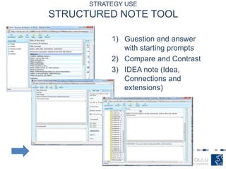 STRATEGY USE
STRUCTURED NOTE TOOL
1) Guestion and answer
with starting prompts
2) Compare and Contrast
3) IDEA note (Idea,
Connections and
extensions)
 