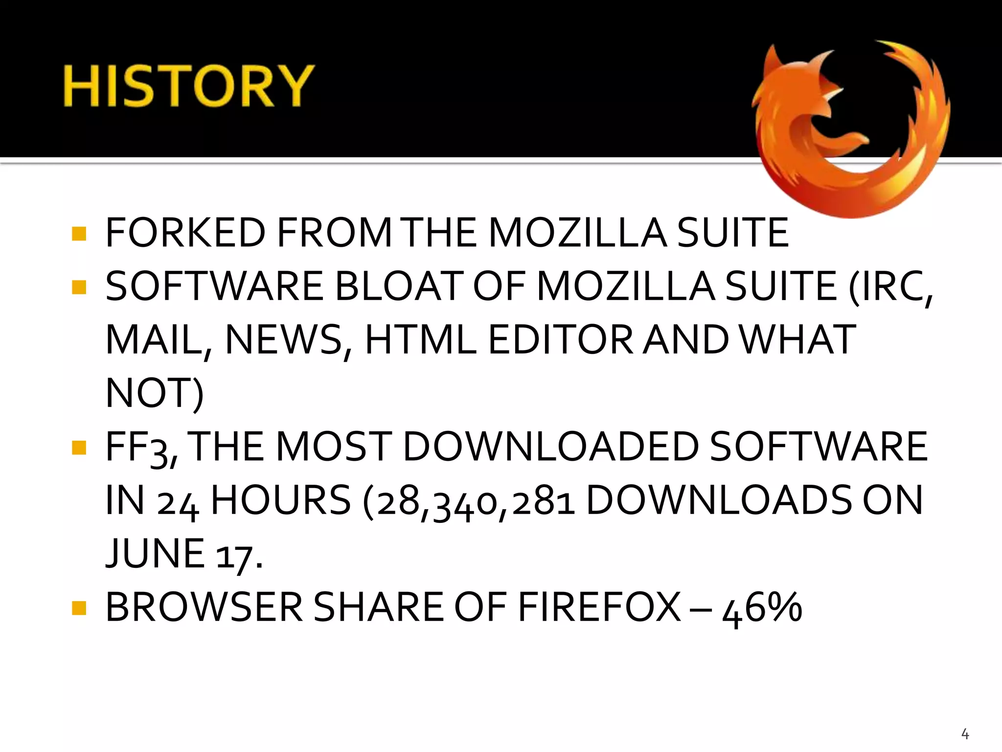 HISTORYFORKED FROM THE MOZILLA SUITESOFTWARE BLOAT OF MOZILLA SUITE (IRC, MAIL, NEWS, HTML EDITOR AND WHAT NOT)FF3, THE MOST DOWNLOADED SOFTWARE IN 24 HOURS (28,340,281 DOWNLOADS ON JUNE 17.BROWSER SHARE OF FIREFOX – 46%4