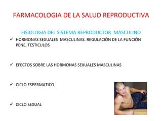 FISIOLOGIA DEL SISTEMA REPRODUCTOR  MASCULINO HORMONAS SEXUALES  MASCULINAS. REGULACIÓN DE LA FUNCIÓN PENE, TESTICULOS EFECTOS SOBRE LAS HORMONAS SEXUALES MASCULINAS CICLO ESPERMATICO CICLO SEXUAL FARMACOLOGIA DE LA SALUD REPRODUCTIVA 