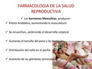 FARMACOLOGIA DE LA SALUD REPRODUCTIVA Las  hormonas Masculinas   producen : Efecto Anabólico, aumentando la musculatura Se ensanchan, acelerando el desarrollo corporal Aumenta el tamaño del pene y los testículos Distribución del vello en el pecho Aumento de las glándulas seminales 