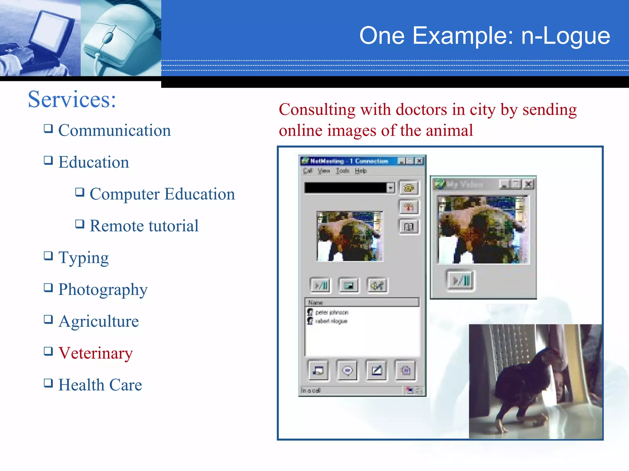 One Example: n-Logue   Services:   Communication Education Computer Education Remote tutorial Typing Photography Agriculture Veterinary Health Care Consulting with doctors in city by sending online images of the animal  