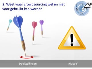 2. Weet waar crowdsourcing wel en niet
voor gebruikt kan worden




          Doelstellingen                 Risico’s
 