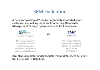 SRM	
  Evalua*on	
  
A	
  deep	
  comparison	
  of	
  2	
  products	
  generally	
  associated	
  when	
  
customers	
  are	
  looking	
  for	
  Capacity	
  repor*ng,	
  Datacenter	
  
Management,	
  Storage	
  op*miza*on	
  and	
  Cost	
  avoidance.	
  
	
  
	
  
	
  
	
  
	
  
	
  
	
  
Objec*ve	
  is	
  to	
  beFer	
  understand	
  the	
  major	
  diﬀerences	
  between	
  
the	
  2	
  products	
  in	
  10	
  bullets.	
  
Sen*nel	
  Navigator	
  
	
  
The	
  Storage	
  Resource	
  
Management	
  GUI	
  that	
  
consume	
  data	
  from	
  
Sen*nel	
  SDS	
  Access	
  SaaS	
  
plaOorm	
  by	
  WebService.	
  
VS	
  
SRM	
  Suite	
  
	
  
The	
  Storage	
  Resource	
  
Management	
  soRware	
  
based	
  on	
  a	
  tradi*onal	
  
Agent/Server	
  
architecture	
  
 
