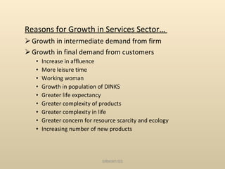 Reasons for Growth in Services Sector…  Growth in intermediate demand from firm Growth in final demand from customers Increase in affluence More leisure time Working woman Growth in population of DINKS Greater life expectancy Greater complexity of products Greater complexity in life Greater concern for resource scarcity and ecology Increasing number of new products SRM/M1/SS 