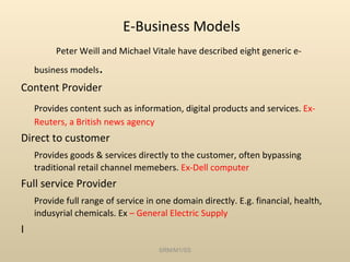 E-Business Models Peter Weill and Michael Vitale have described eight generic e-business models . Content Provider Provides content such as information, digital products and services.  Ex- Reuters, a British news agency Direct to customer Provides goods & services directly to the customer, often bypassing traditional retail channel memebers.  Ex-Dell computer Full service Provider Provide full range of service in one domain directly. E.g. financial, health, indusyrial chemicals. Ex  – General Electric Supply I SRM/M1/SS 