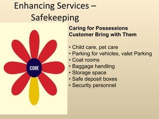 Enhancing Services – Safekeeping Caring for Possessions Customer Bring with Them •  Child care, pet care •  Parking for vehicles, valet Parking •  Coat rooms •  Baggage handling •  Storage space •  Safe deposit boxes •  Security personnel 