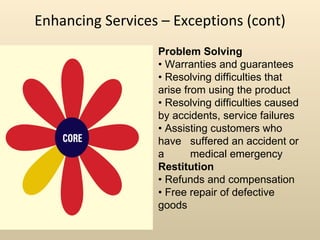 Enhancing Services – Exceptions (cont) Problem Solving •  Warranties and guarantees •  Resolving difficulties that arise from using the product •  Resolving difficulties caused by accidents, service failures •  Assisting customers who have  suffered an accident or a  medical emergency Restitution •  Refunds and compensation •  Free repair of defective goods 