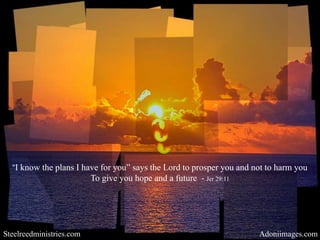 “I know the plans I have for you” says the Lord to prosper you and not to harm you
                          To give you hope and a future - Jer 29:11




Steelreedministries.com                                               Adoniimages.com
 