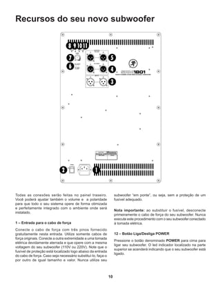 10
Recursos do seu novo subwoofer
Todas as conexões serão feitas no painel traseiro.
Você poderá ajustar também o volume e a polaridade
para que todo o seu sistema opere de forma otimizada
e perfeitamente integrado com o ambiente onde será
instalado.
1 – Entrada para o cabo de força
Conecte o cabo de força com três pinos fornecido
gratuitamente nesta entrada. Utilize somente cabos de
força originais. Conecte a outra extremidade a uma tomada
elétrica devidamente aterrada e que opere com a mesma
voltagem do seu subwoofer (110V ou 220V). Note que o
fusível de proteção está localizado logo abaixo da entrada
do cabo de força. Caso seja necessário substituí-lo, faça-o
por outro de igual tamanho e valor. Nunca utilize seu
subwoofer “em ponte”, ou seja, sem a proteção de um
fusível adequado.
Nota importante: ao substituir o fusível, desconecte
primeiramente o cabo de força do seu subwoofer. Nunca
execute este procedimento com o seu subwoofer conectado
à tomada elétrica.
12 – Botão Liga/Desliga POWER
Pressione o botão denominado POWER para cima para
ligar seu subwoofer. O led indicador localizado na parte
superior se acenderá indicando que o seu subwoofer está
ligado.
 
