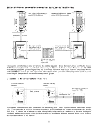 8
Sistema com dois subwoofers e duas caixas acústicas amplificadas
Sinal proveniente da
saída esquerda do
misturador de som
Caixa acústica amplificada Mackie
modelo SRM450v2 (esquerda)
Caixa acústica amplificada Mackie
modelo SRM450v2 (direita)
Saída passa-
altas
Suporte
Sinal proveniente
da saída direita do
misturador de som
Misturador de som
M a c k i e m o d e l o
CFX12mkII
No diagrama acima temos um sinal proveniente das saídas esquerda e direita do misturador de som Mackie modelo
ProFX12 conectado às entradas específicas localizadas no painel traseiro de dois subwoofers Mackie modelo SRM1801.
Já as saídas passa-altas igualmente presentes nos subwoofers alimentam duas caixas acústicas amplificadas Mackie
modelo SRM450v2 de modo que estas reproduzam as freqüências médio-agudas em estéreo enquanto que os subwoofers
se encarregam da reprodução em estéreo das freqüências graves.
Conectando dois subwoofers em cadeia
Misturador de som Mackie
modelo 1604-VLZ3
Subwoofer SRM1801
(segundo)
Saída full-range
Subwoofer SRM1801
(primeiro)
Sinal proveniente do
misturador de som
No diagrama acima temos um sinal proveniente das saídas esquerda e direita do misturador de som Mackie modelo
1604-VLZ3 conectado às entradas específicas localizadas no painel traseiro do primeiro subwoofer Mackie modelo
SRM1801. Daí, vemos que as saídas full-range deste primeiro subwoofer estão conectadas às entradas do segundo
subwoofer. As saídas passa-altas ou full-range de cada um dos subwoofers poderiam alimentar outras caixas acústicas
amplificadas presentes no seu sistema.
 