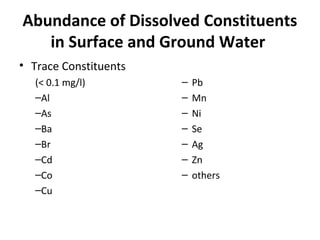 Abundance of Dissolved Constituents
in Surface and Ground Water
• Trace Constituents
(< 0.1 mg/l)
–Al
–As
–Ba
–Br
–Cd
–Co
–Cu
– Pb
– Mn
– Ni
– Se
– Ag
– Zn
– others
 
