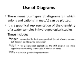 Use of Diagrams
• There numerous types of diagrams on which
anions and cations (in meq/L) can be plotted.
• It is a graphical representation of the chemistry
of a water samples in hydro geological studies
These include:
Piper - comparing the Ionic compounds of the set of water samples
but does not lend to spatial comparison
Stiff – for geographical applications, the stiff diagram are more
applicable because they can be used as marker on a map
Pie – statistical graphical representation
 