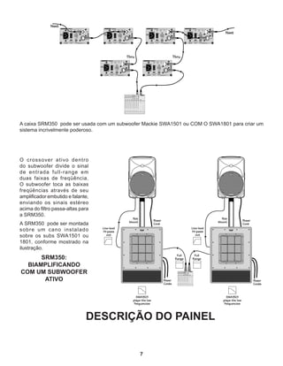7
A caixa SRM350 pode ser usada com um subwoofer Mackie SWA1501 ou COM O SWA1801 para criar um
sistema incrivelmente poderoso.
O crossover ativo dentro
do subwoofer divide o sinal
de entrada full-range em
duas faixas de freqüência.
O subwoofer toca as baixas
freqüências através de seu
amplificador embutido e falante,
enviando os sinais estéreo
acima do filtro passa-altas para
a SRM350.
A SRM350 pode ser montada
sobre um cano instalado
sobre os subs SWA1501 ou
1801, conforme mostrado na
ilustração.
SRM350:
BIAMPLIFICANDO
COM UM SUBWOOFER
ATIVO
DESCRIÇÃO DO PAINEL
 