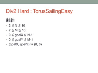 Div2 Hard : TorusSailingEasy
制約
• 2 ≦ N ≦ 10
• 2 ≦ M ≦ 10
• 0 ≦ goalX ≦ N-1
• 0 ≦ goalY ≦ M-1
• (goalX, goalY) != (0, 0)
 