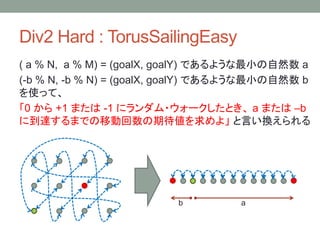 Div2 Hard : TorusSailingEasy
( a % N, a % M) = (goalX, goalY) であるような最小の自然数 a
(-b % N, -b % N) = (goalX, goalY) であるような最小の自然数 b
を使って、
「0 から +1 または -1 にランダム・ウォークしたとき、 a または –b
に到達するまでの移動回数の期待値を求めよ」 と言い換えられる
ab
 