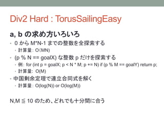 Div2 Hard : TorusSailingEasy
a, b の求め方いろいろ
• 0 から M*N-1 までの整数を全探索する
• 計算量： O（MN)
• (p % N == goalX) な整数 p だけを探索する
• 例： for (int p = goalX; p < N * M; p += N) if (p % M == goalY) return p;
• 計算量: O(M)
• 中国剰余定理で連立合同式を解く
• 計算量： O(log(N)) or O(log(M))
N,M ≦ 10 のため、どれでも十分間に合う
 