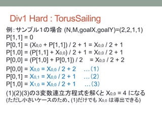 Div1 Hard : TorusSailing
例：サンプル１の場合 (N,M,goalX,goalY)=(2,2,1,1)
P[1,1] = 0
P[0,1] = (X0,0 + P[1,1]) / 2 + 1 = X0,0 / 2 + 1
P[1,0] = (P[1,1] + X0,0) / 2 + 1 = X0,0 / 2 + 1
P[0,0] = (P[1,0] + P[0,1]) / 2 = X0,0 / 2 + 2
P[0,0] = X0,0 = X0,0 / 2 + 2 …（1）
P[0,1] = X0,1 = X0,0 / 2 + 1 …（2）
P[1,0] = X1,0 = X0,0 / 2 + 1 …（3）
(1)(2)(3)の３変数連立方程式を解くと X0,0 = 4 になる
(ただし小さいケースのため、(1)だけでも X0,0 は導出できる)
 