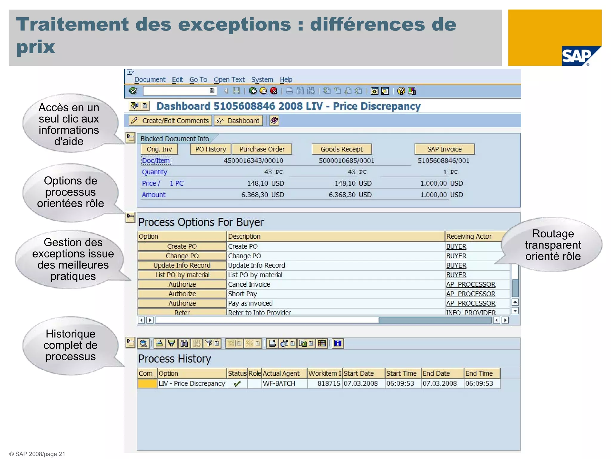 Traitement des exceptions : différences de
  prix


         Accès en un
         seul clic aux
         informations
             d'aide


         Options de
          processus
        orientées rôle

                                                 Routage
         Gestion des                           transparent
       exceptions issue                        orienté rôle
        des meilleures
          pratiques




          Historique
          complet de
          processus




© SAP 2008/page 21
 