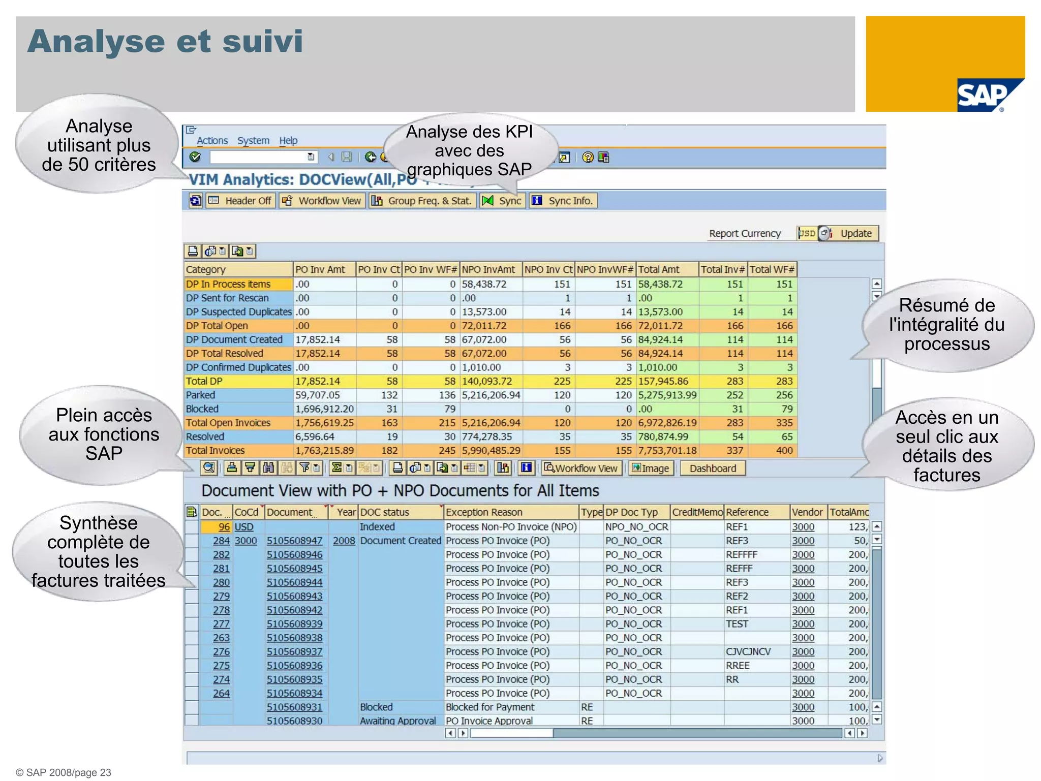 Analyse et suivi

        Analyse       Analyse des KPI
     utilisant plus      avec des
    de 50 critères    graphiques SAP




                                          Résumé de
                                        l'intégralité du
                                           processus


       Plein accès                      Accès en un
      aux fonctions                     seul clic aux
           SAP                           détails des
                                          factures

      Synthèse
    complète de
     toutes les
  factures traitées




© SAP 2008/page 23
 