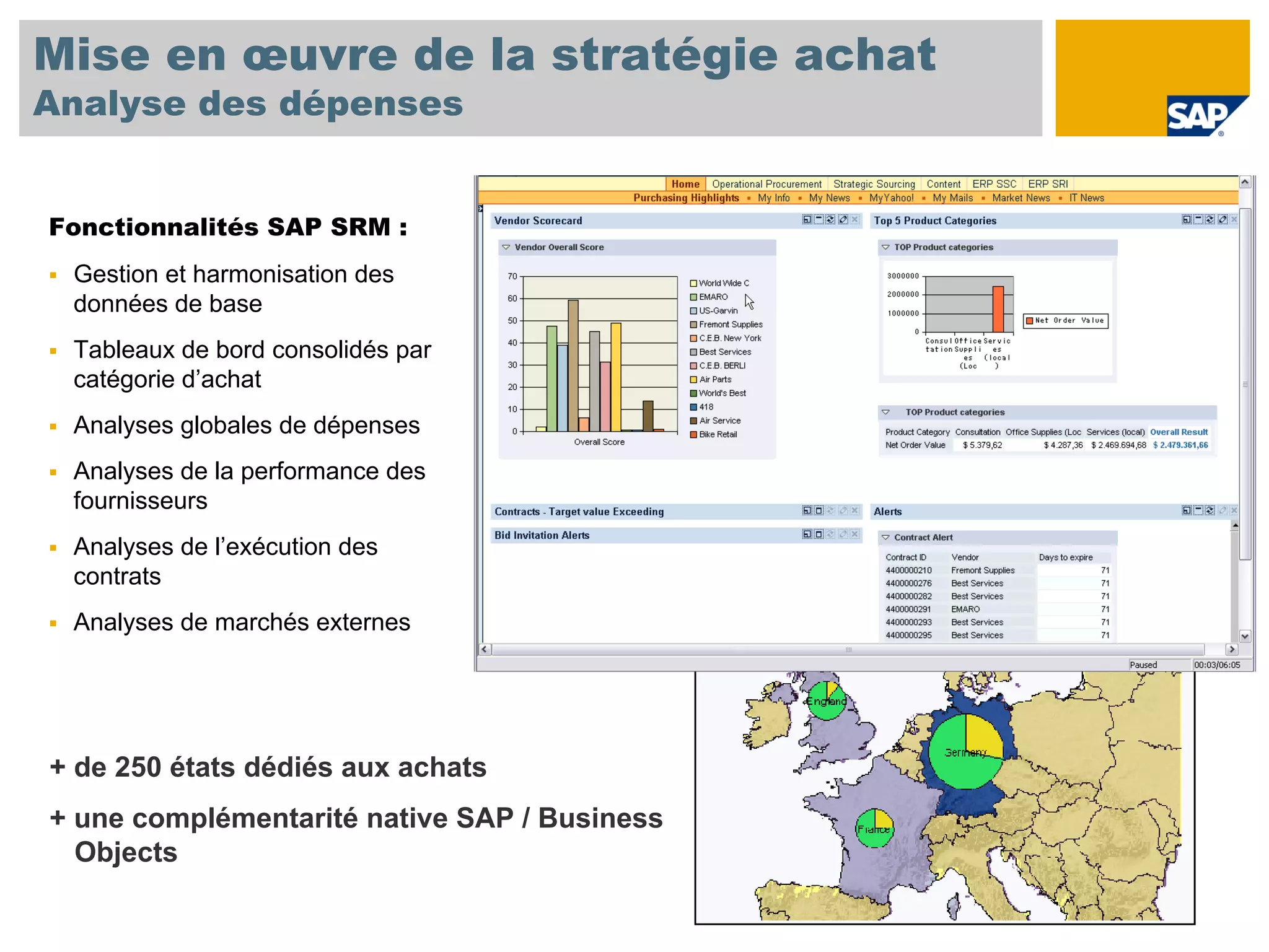 Mise en œuvre de la stratégie achat
Analyse des dépenses


Fonctionnalités SAP SRM :
 Gestion et harmonisation des
 données de base
 Tableaux de bord consolidés par
 catégorie d’achat
 Analyses globales de dépenses
 Analyses de la performance des
 fournisseurs
 Analyses de l’exécution des
 contrats
 Analyses de marchés externes




+ de 250 états dédiés aux achats
+ une complémentarité native SAP / Business
  Objects
 