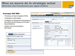 Mise en œuvre de la stratégie achat
Sélection des fournisseurs par appel d’offres


Avantages SAP SRM :
• Processus en ligne d’appels d’offres
• Evaluations multi-critères
• Evaluation et classement automatiques
  des offres des fournisseurs en fonction
  de pondérations
• Gestion des documentations
  techniques
 