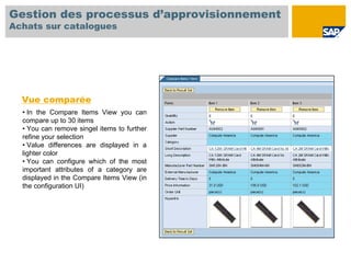 Gestion des processus d’approvisionnement
Achats sur catalogues




  Vue comparée
  • In the Compare Items View you can
  compare up to 30 items
  • You can remove singel items to further
  refine your selection
  • Value differences are displayed in a
  lighter color
  • You can configure which of the most
  important attributes of a category are
  displayed in the Compare Items View (in
  the configuration UI)
 