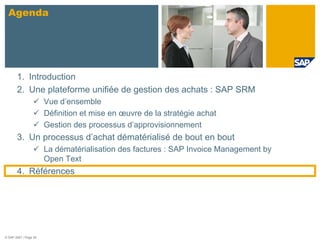 Agenda




       1. Introduction
       2. Une plateforme unifiée de gestion des achats : SAP SRM
                       Vue d’ensemble
                       Définition et mise en œuvre de la stratégie achat
                       Gestion des processus d’approvisionnement
       3. Un processus d’achat dématérialisé de bout en bout
                       La dématérialisation des factures : SAP Invoice Management by
                       Open Text
       4. Références




© SAP 2007 / Page 39
 