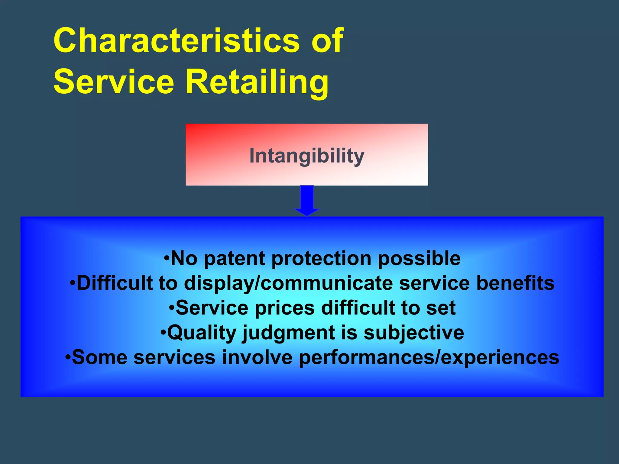 Characteristics of
Service Retailing

                   Intangibility



             •No patent protection possible
 •Difficult to display/communicate service benefits
              •Service prices difficult to set
            •Quality judgment is subjective
•Some services involve performances/experiences
 