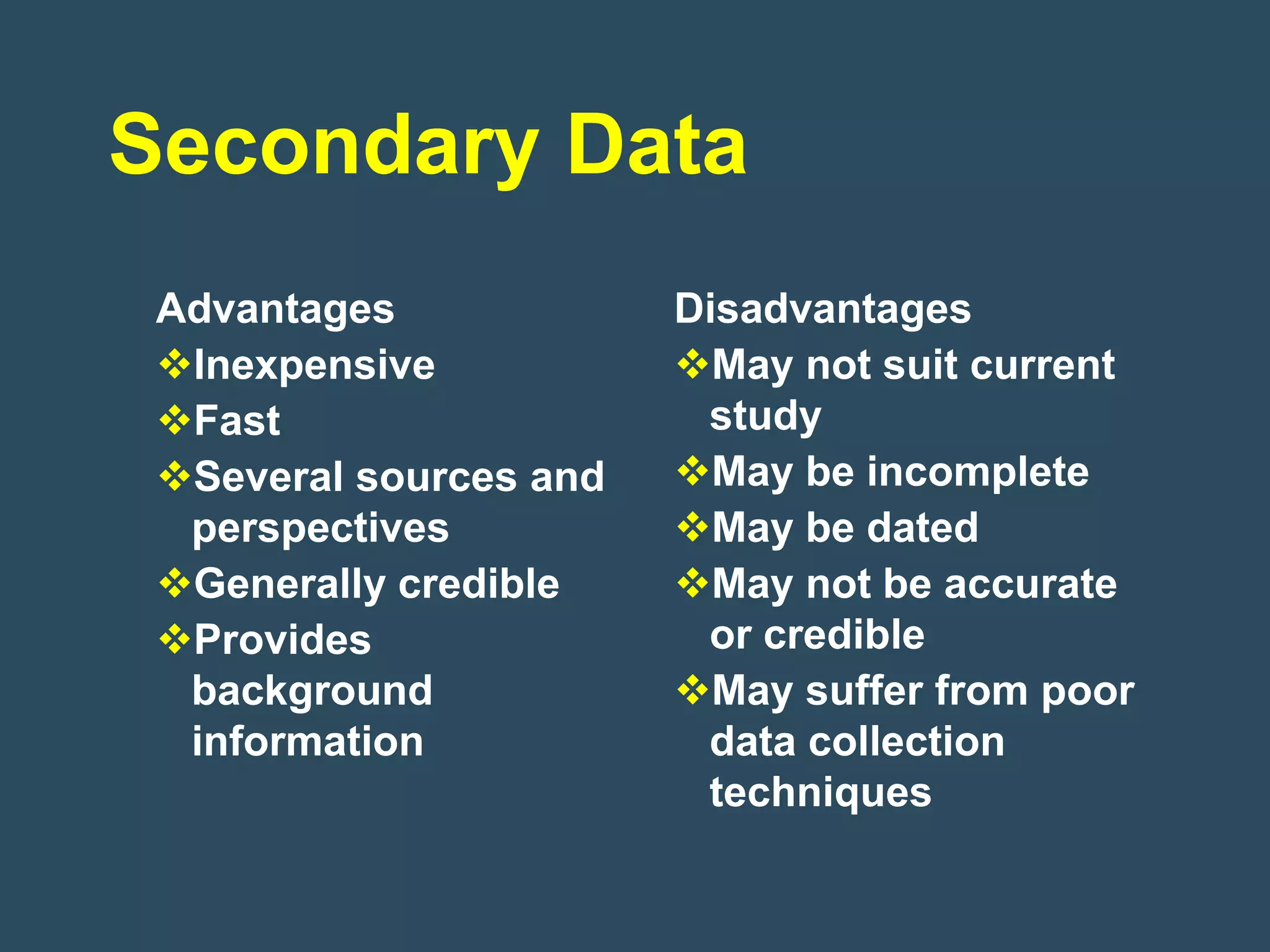 Secondary Data
 Advantages             Disadvantages
 Inexpensive           May not suit current
 Fast                   study
 Several sources and   May be incomplete
  perspectives          May be dated
 Generally credible    May not be accurate
 Provides               or credible
  background            May suffer from poor
  information            data collection
                         techniques
 