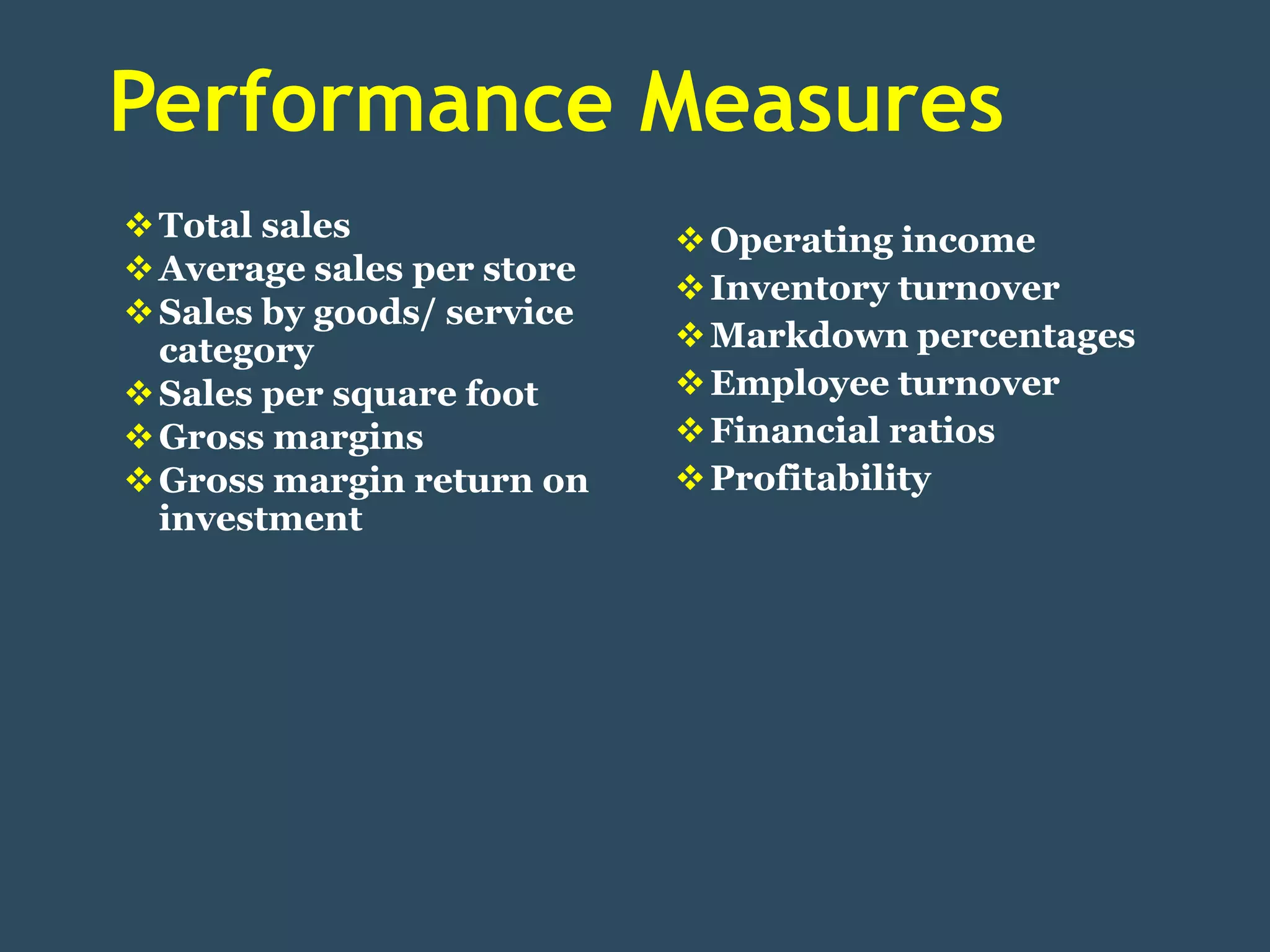 Performance Measures
 Total sales                Operating income
 Average sales per store
                             Inventory turnover
 Sales by goods/ service
  category                   Markdown percentages
 Sales per square foot      Employee turnover
 Gross margins              Financial ratios
 Gross margin return on     Profitability
  investment
 