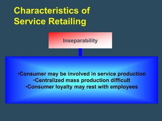 Characteristics of
Service Retailing

                Inseparability




•Consumer may be involved in service production
      •Centralized mass production difficult
   •Consumer loyalty may rest with employees
 