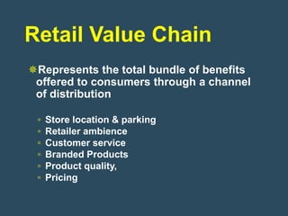 Retail Value Chain
Represents the total bundle of benefits
 offered to consumers through a channel
 of distribution

 ▫   Store location & parking
 ▫   Retailer ambience
 ▫   Customer service
 ▫   Branded Products
 ▫   Product quality,
 ▫   Pricing
 
