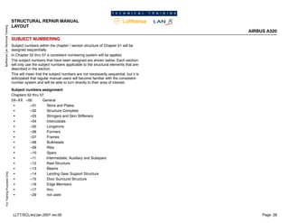 Lufthansa
Lan
Technical
Training
For
Training
Purposes
Only
STRUCTURAL REPAIR MANUAL
LAYOUT
AIRBUS A320
Page: 28
LLTT/SCL/erj/Jan.2007 rev.00
SUBJECT NUMBERING
Subject numbers within the chapter / section structure of Chapter 51 will be
assigned sequentially.
In Chapter 52 thru 57 a consistent numbering system will be applied.
The subject numbers that have been assigned are shown below. Each section-
will only use the subject numbers applicable to the structural elements that are-
described in the section.
This will mean that the subject numbers are not necessarily sequential, but it is
anticipated that regular manual users will become familiar with the consistent-
number system and will be able to turn directly to their area of interest.
Subject numbers assignment
Chapters 52 thru 57
5X--XX --00 General
S --01 Skins and Plates
S --02 Structure Complete
S --03 Stringers and Skin Stiffeners
S --04 Intercostals
S --05 Longerons
S --06 Formers
S --07 Frames
S --08 Bulkheads
S --09 Ribs
S --10 Spars
S --11 Intermediate, Auxiliary and Subspars
S --12 Keel Structure
S --13 Beams
S --14 Landing Gear Support Structure
S --15 Door Surround Structure
S --16 Edge Members
S --17 thru
S --29 not used
 