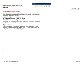 Lufthansa
Lan
Technical
Training
For
Training
Purposes
Only
STRUCTURAL REPAIR MANUAL
LAYOUT
AIRBUS A320
Page: 8
LLTT/SCL/erj/Jan.2007 rev.00
PAGE BLOCK ALLOCATION
In Chapters 52 thru 57 each subject represents a structural element. All of the-
data concerning that element are covered within that subject. To provide topic-
separat on page blocks are used.
IDENTIFICATION: Page 1 to 99
ALLOWABLE DAMAGE: Page 101 to 199
REPAIRS: Page 201 to 999
Chapter 51 has no identifying page block. In this case a description page block-
could extent up to page 199.
Figure numbering
Figure numbers are to be allocated sequentially within page blocks. Figure
numbers in page block 1 thru 99 will start at Fig. 1 in page block 101 thru 199
at Fig. 101 and in page block 201 at Fig. 201.
 