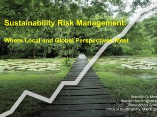 Brandon D. Morton [email_address] Development Analyst Office of Sustainability, March 2010 Sustainability Risk Management:  Where Local and Global Perspectives Meet 