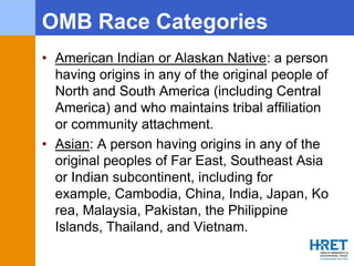 OMB Race Categories
Defined• American Indian or Alaskan Native: a person
having origins in any of the original people of
N...