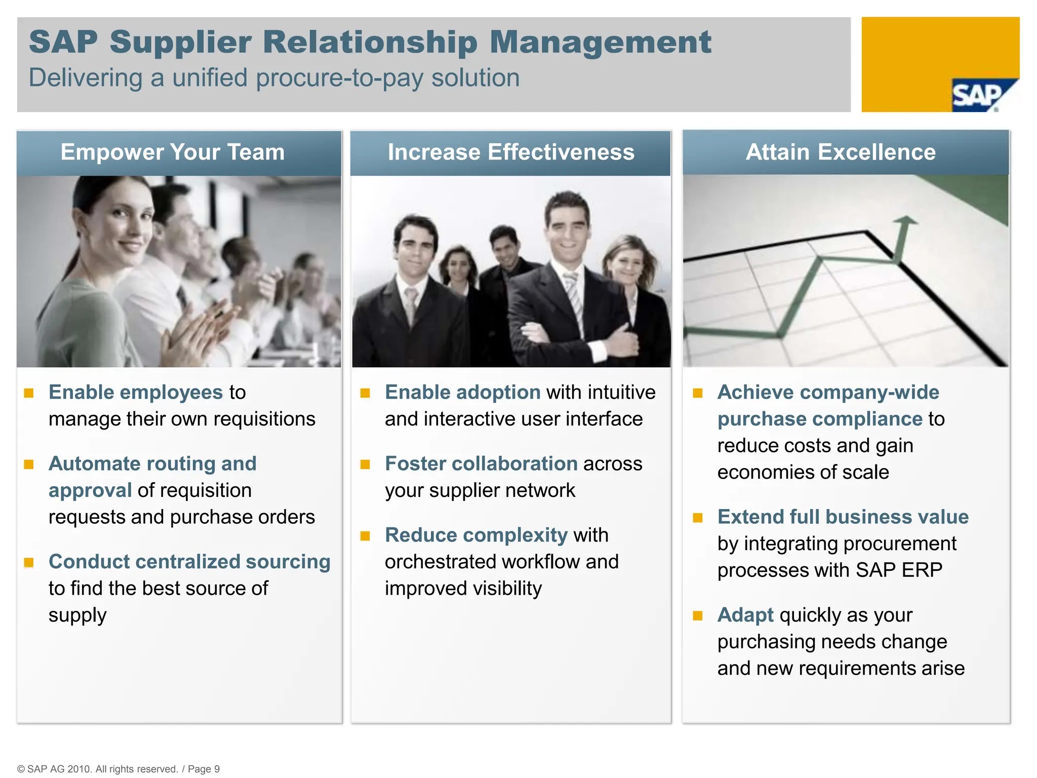SAP Supplier Relationship Management
  Delivering a unified procure-to-pay solution

         Empower Your Team                         Increase Effectiveness                 Attain Excellence




     Enable employees to                         Enable adoption with intuitive      Achieve company-wide
      manage their own requisitions                and interactive user interface       purchase compliance to
                                                                                        reduce costs and gain
     Automate routing and                        Foster collaboration across          economies of scale
      approval of requisition                      your supplier network
      requests and purchase orders                                                     Extend full business value
                                                  Reduce complexity with               by integrating procurement
     Conduct centralized sourcing                 orchestrated workflow and            processes with SAP ERP
      to find the best source of                   improved visibility
      supply                                                                           Adapt quickly as your
                                                                                        purchasing needs change
                                                                                        and new requirements arise



© SAP AG 2010. All rights reserved. / Page 9
 