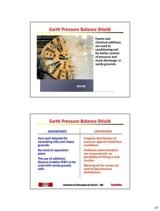 17
Foams and
chemical additives
are used to
conditioning soil
for better control
of pressure and
muck discharge, in
sandy grounds.
MOVIE
Earth Pressure Balance Shield
Laboratoire de Mécanique des Roches − LMR Tunnelling
ADVANTAGES
Very well adapted for
excavating silty and clayey
grounds.
No need of separation
plant.
The use of additives
(foams) enables EPB’s to be
used with sandy-gravely
soils.
LIMITATIONS
Irregular distribution of
pressure against mixed face
conditions.
Problems when boulders
are encountered: no
possibility of fitting a rock
crusher.
Wearing of the screw can
lead to bad pressure
distribution.
Earth Pressure Balance Shield
 