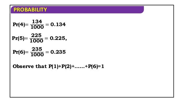 PROBABILITY
Pr(4)=
134
1000
= 0.134
Pr(5)=
225
1000
= 0.225,
Pr(6)=
235
1000
= 0.235
Observe that P(1)+P(2)+……+P(6)=1
 